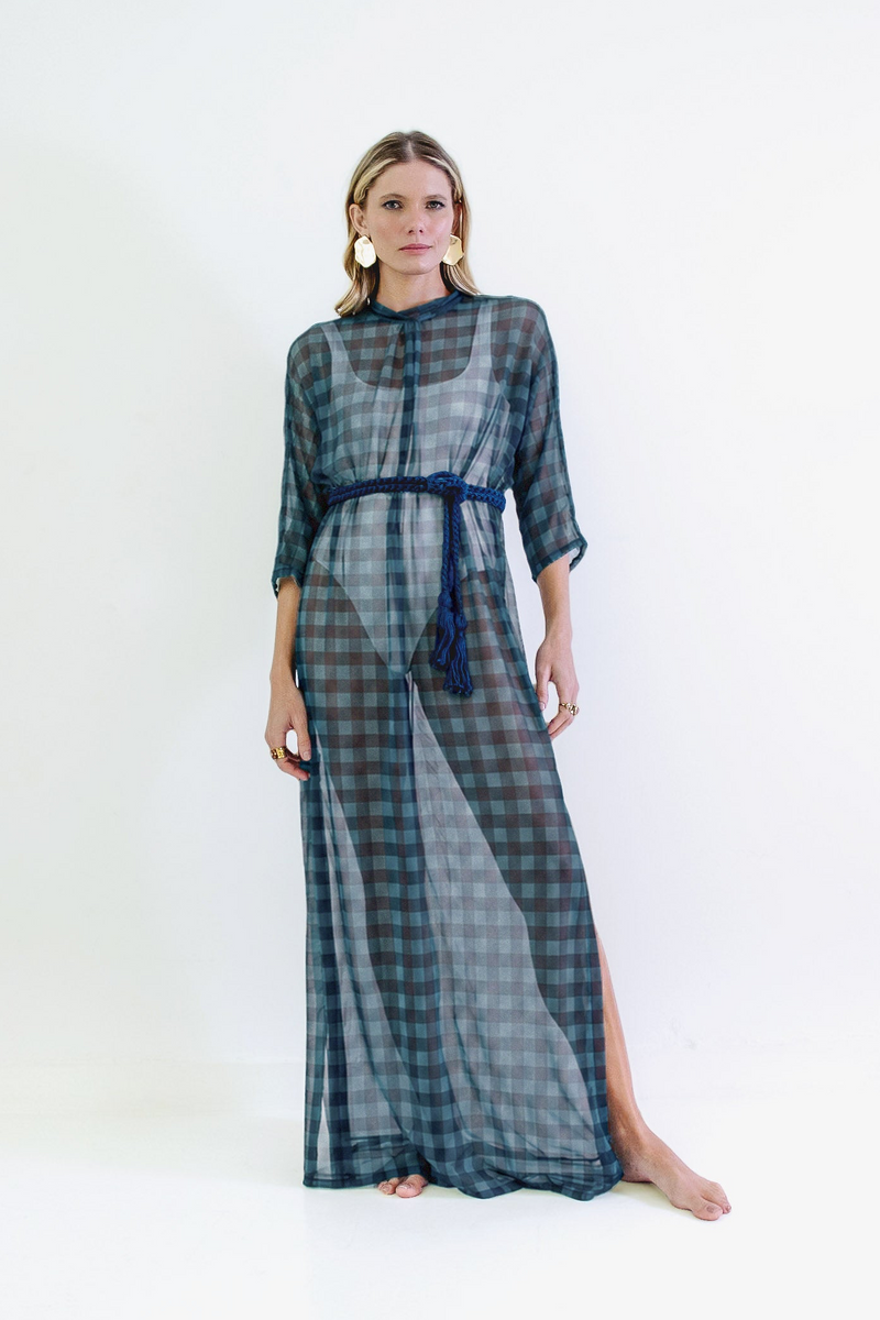 Vestido Manga Tule Voyage Xadrez Maxi