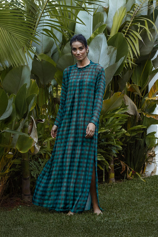 Vestido Manga Tule Voyage Xadrez Maxi