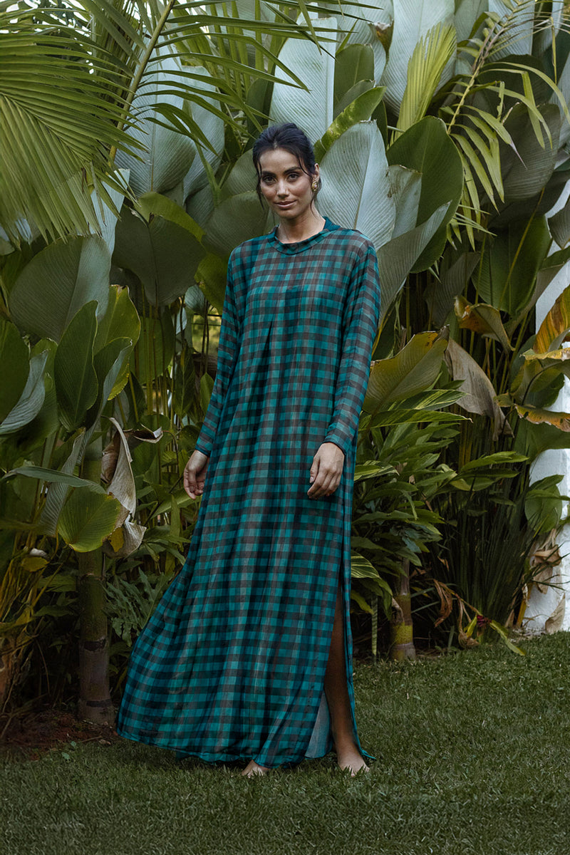 Vestido Manga Tule Voyage Xadrez Maxi