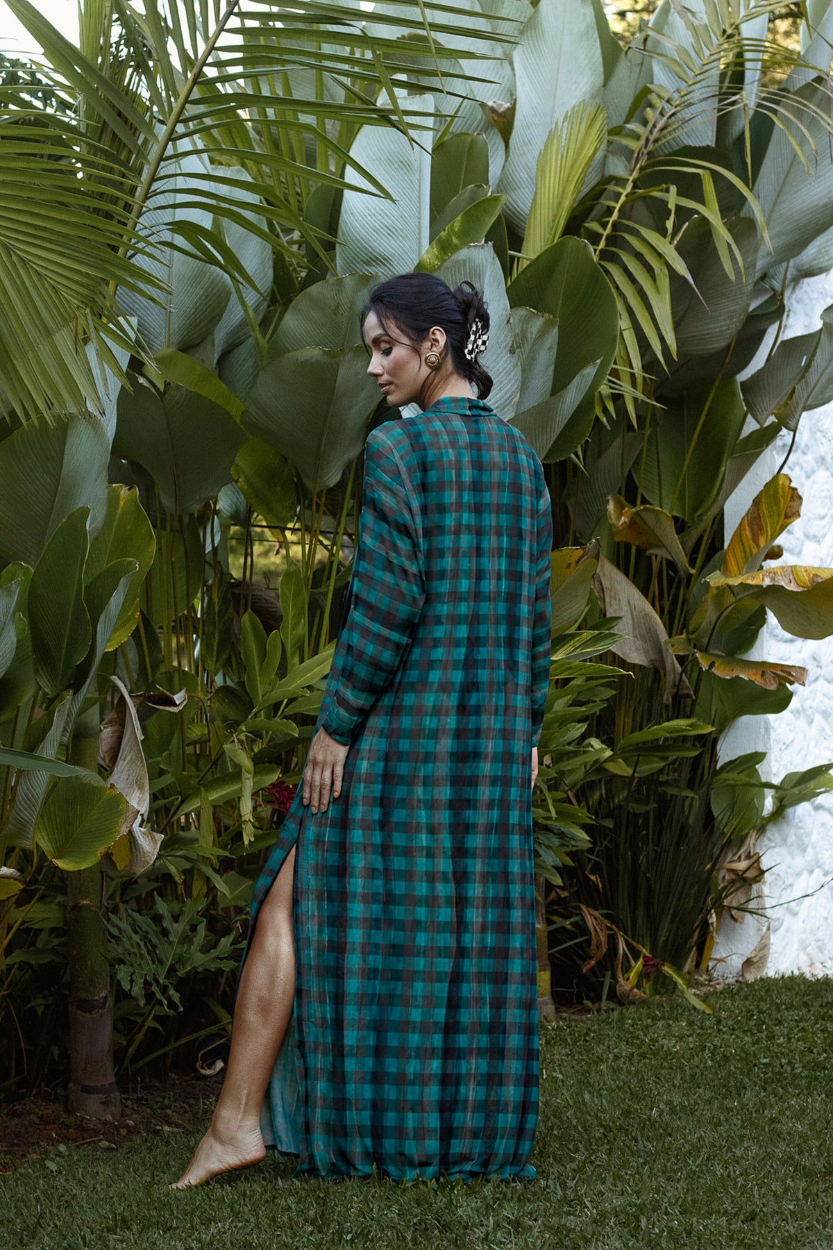 Vestido Manga Tule Voyage Xadrez Maxi