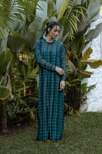 Vestido Manga Tule Voyage Xadrez Maxi