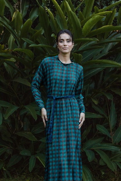 Vestido Manga Tule Voyage Xadrez Maxi