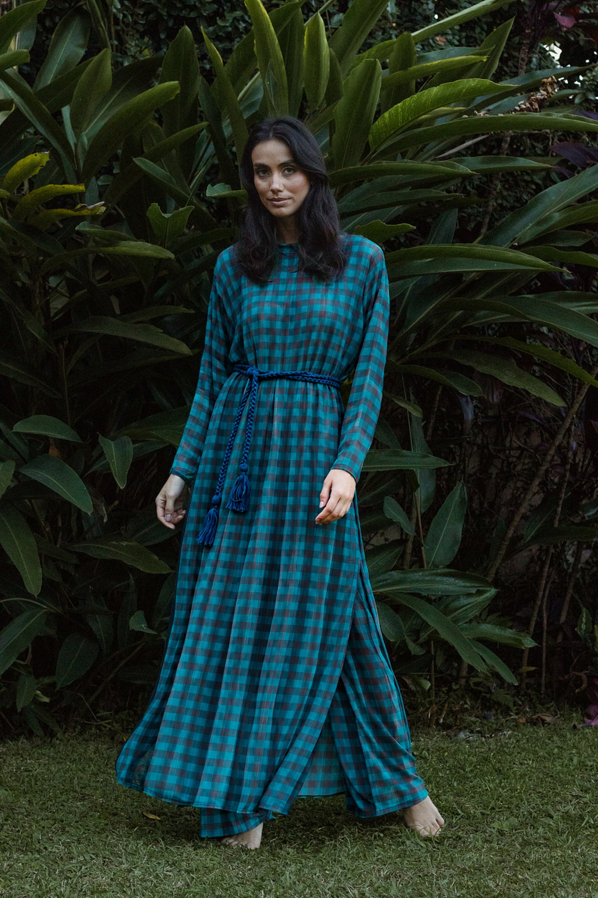 Vestido Manga Tule Voyage Xadrez Maxi