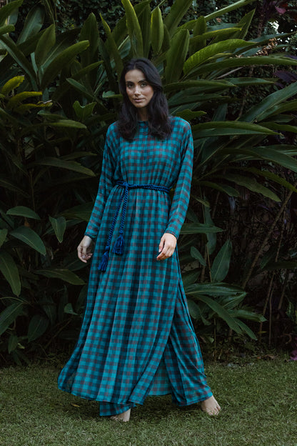 Vestido Manga Tule Voyage Xadrez Maxi