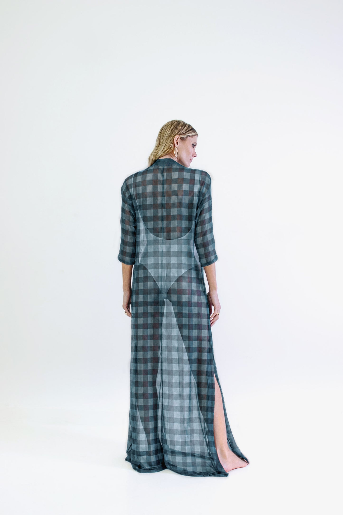 Vestido Manga Tule Voyage Xadrez Maxi